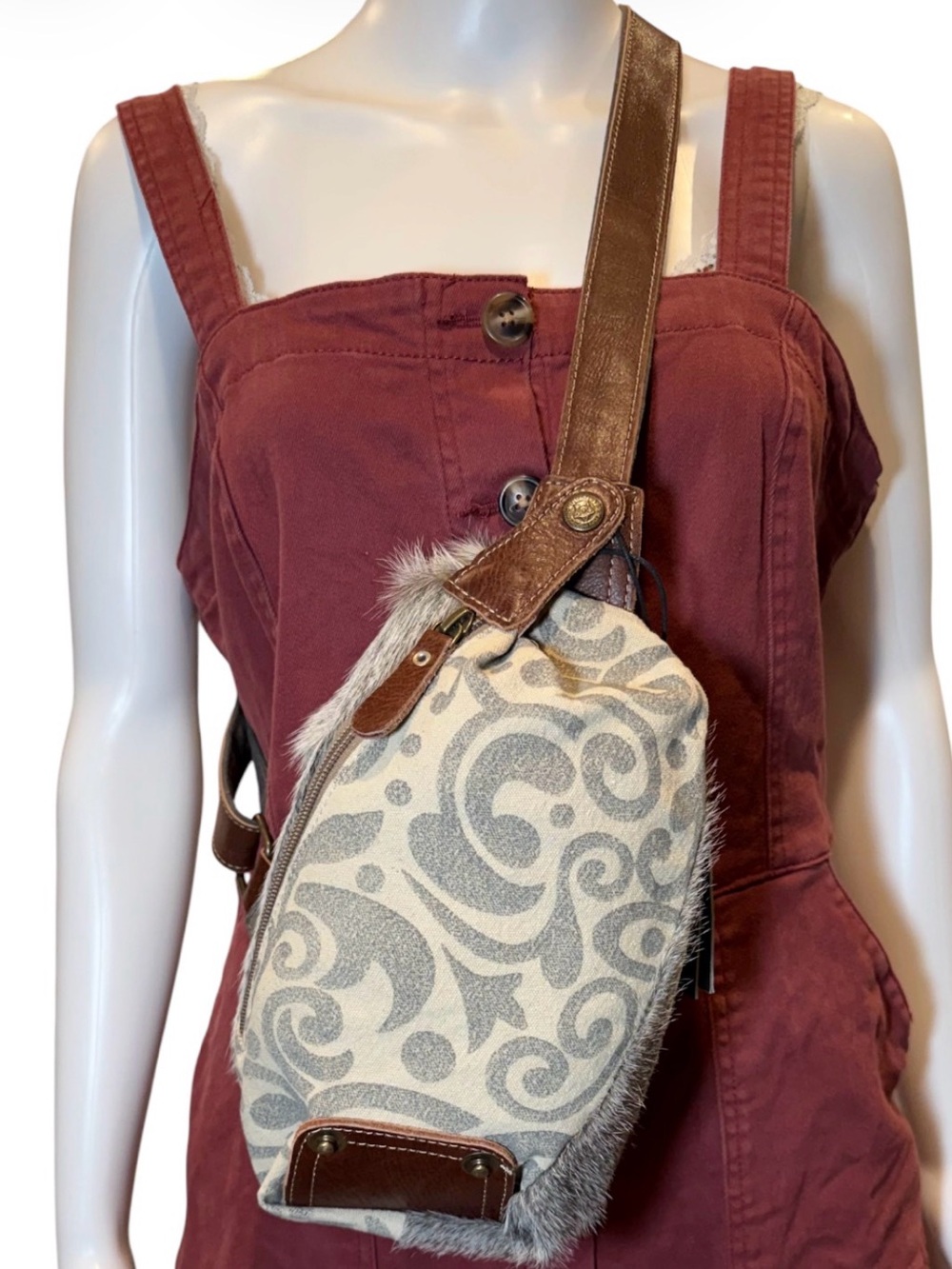 NEW! Myra Bag Upcycled Canvas & Cowhide Fanny Pack/Sling Back NWT!